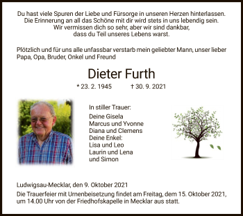 Todesanzeige von Dieter Furth von HZ