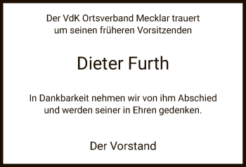 Todesanzeige von Dieter Furth von HZ