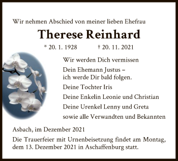 Todesanzeige von Therese Reinhard von HZ