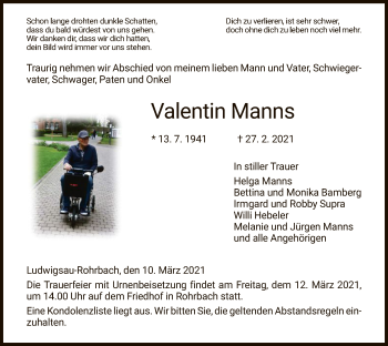 Todesanzeige von Valentin Manns von HZ