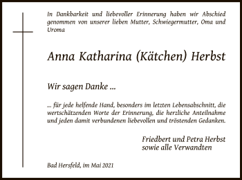 Todesanzeige von Anna Katharina  Herbst von HZ