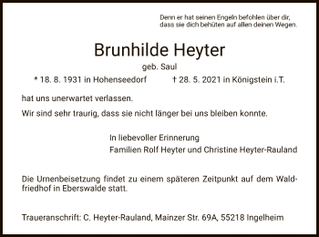 Todesanzeige von Brunhilde Heyter von HZ