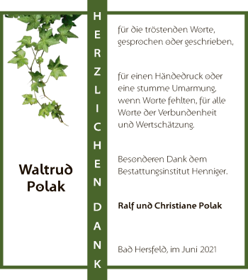 Todesanzeige von Waltrud Polak von HZ