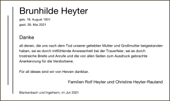 Todesanzeige von Brunhilde Heyter von HZ