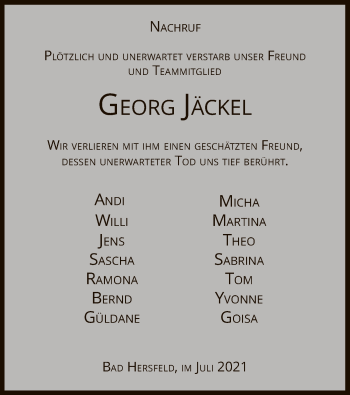 Todesanzeige von Georg Jäckel von HZ