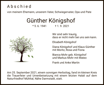 Todesanzeige von Günther Königshof von HZ