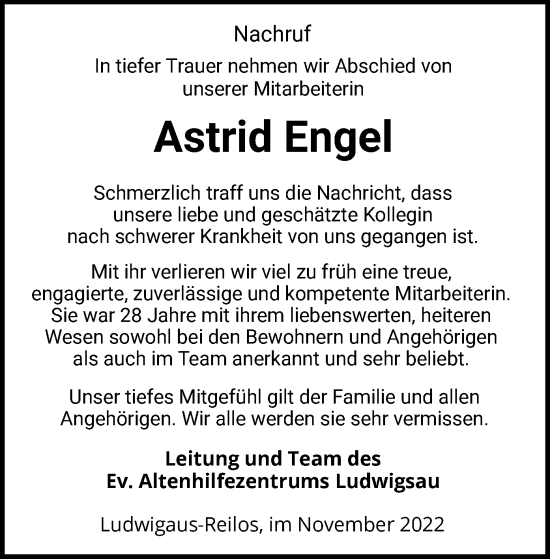 Todesanzeige von Astrid Engel von HZ