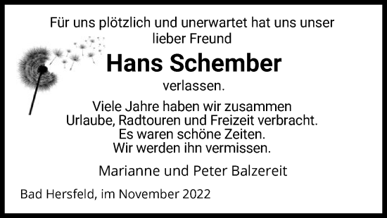 Todesanzeige von Hans Schember von HZ