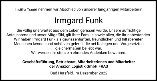 Todesanzeige von Irmgard Funk von HZ