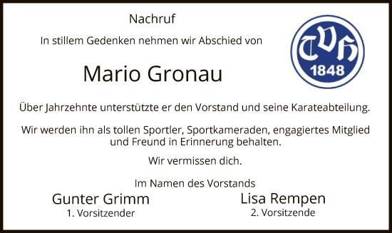 Todesanzeige von Mario Gronau von HZ