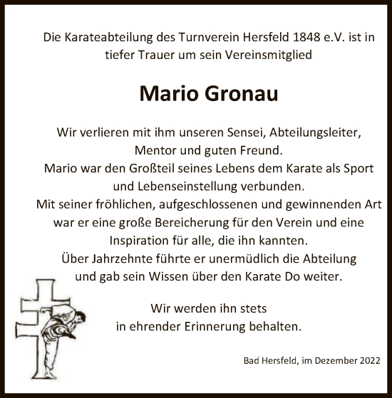 Todesanzeige von Mario Gronau von HZ