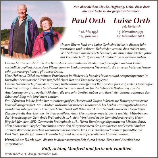 Todesanzeige von Paul und Luise Orth von HZ