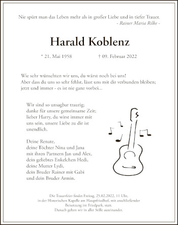 Todesanzeige von Harald Koblenz von HZ