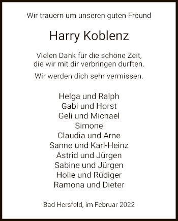 Todesanzeige von Harry Koblenz von HZ