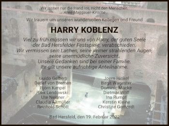 Todesanzeige von Harry Koblenz von HZ