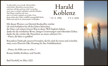 Todesanzeige von Harald Koblenz von HZ