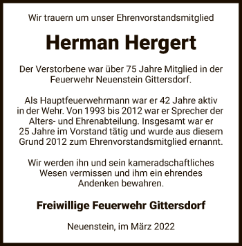 Todesanzeige von Herman Hergert von HZ