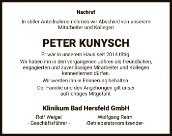 Todesanzeige von Peter Kunysch von HZ
