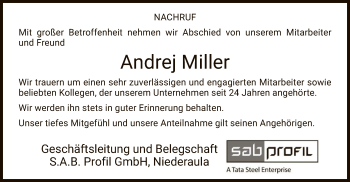 Todesanzeige von Andrej Miller von HZ