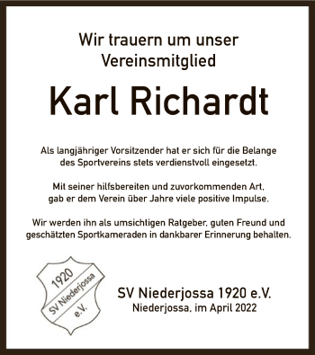 Todesanzeige von Karl Richardt von HZ