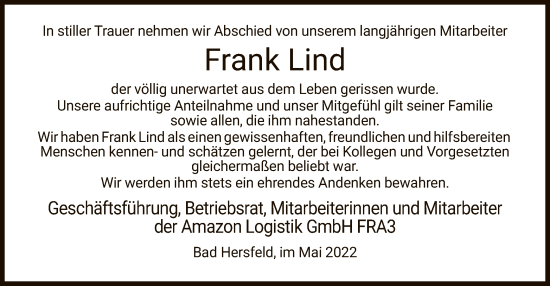 Todesanzeige von Frank Lind von HZ