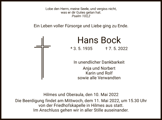 Todesanzeige von Hans Bock von HZ