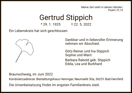 Todesanzeige von Gertrud Stippich von HZ