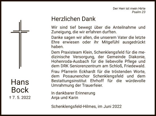 Todesanzeige von Hans Bock von HZ