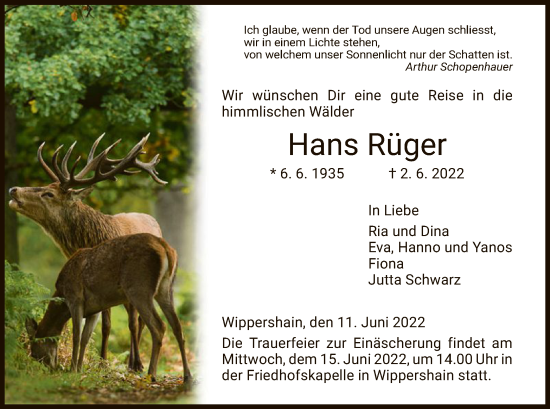 Todesanzeige von Hans Rüger von HZ