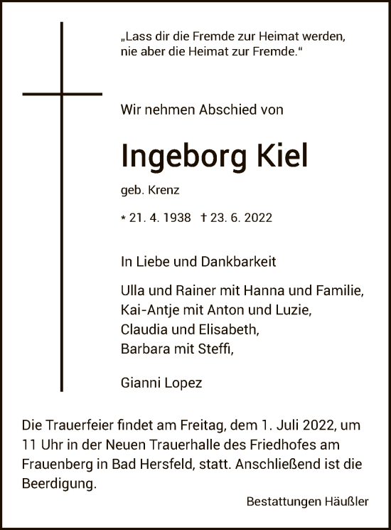 Todesanzeige von Ingeborg Kiel von HZ