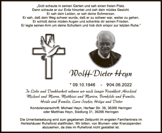 Todesanzeige von Wolff-Dieter Heyn von HZ