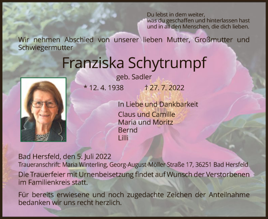 Todesanzeige von Franziska Schytrumpf von HZ