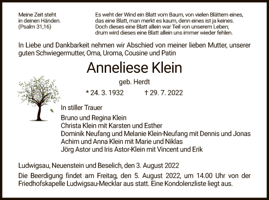 Todesanzeige von Anneliese Klein von HZ