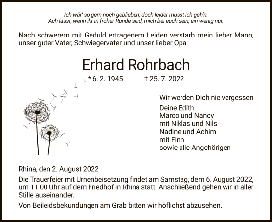 Todesanzeige von Erhard Rohrbach von HZ