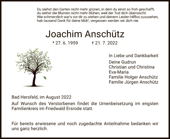 Todesanzeige von Joachim Anschütz von HZ