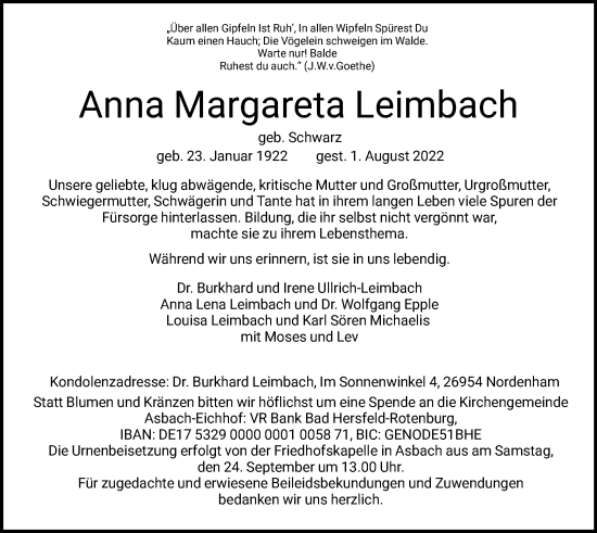 Todesanzeige von Anna Margareta Leimbach von HZ