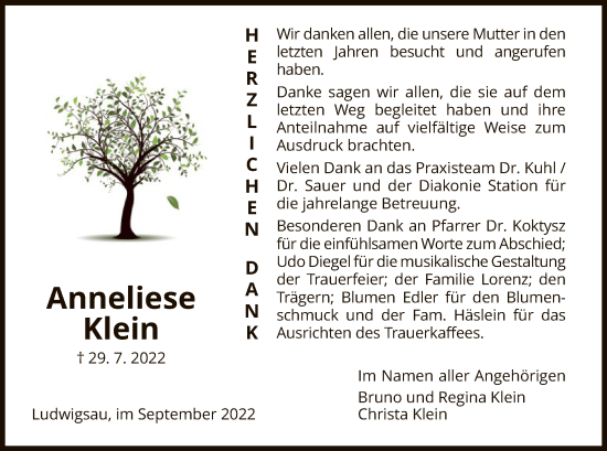 Todesanzeige von Anneliese Klein von HZ