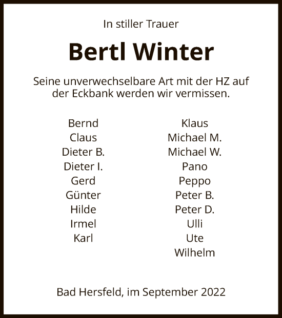 Todesanzeige von Bertl Winter von HZ