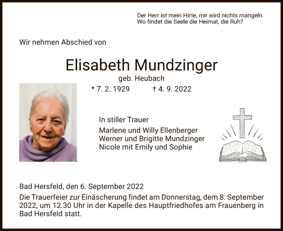 Todesanzeige von Elisabeth Mundzinger von HZ