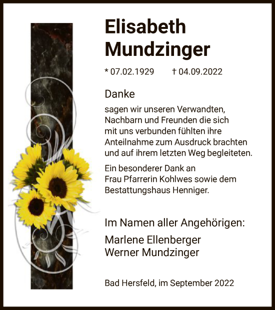 Todesanzeige von Elisabeth Mundzinger von HZ