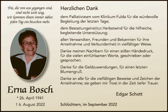 Todesanzeige von Erna Bosch von HZ