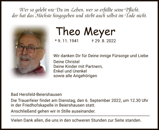 Todesanzeige von Theo Meyer von HZ