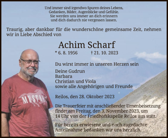 Todesanzeige von Achim Scharf von HZHNA