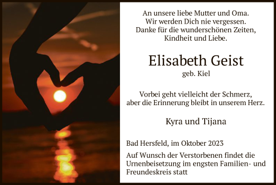 Todesanzeige von Elisabeth Geist von HZ