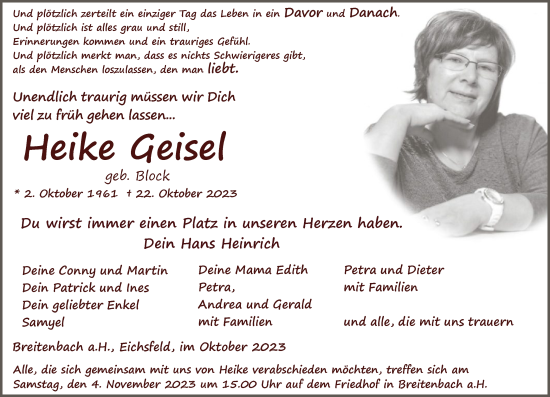 Todesanzeige von Heike Geisel von HZ