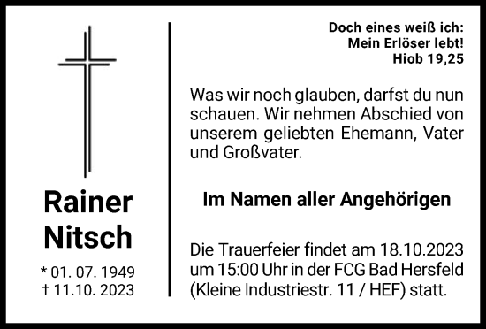 Todesanzeige von Rainer Nitsch von HZ