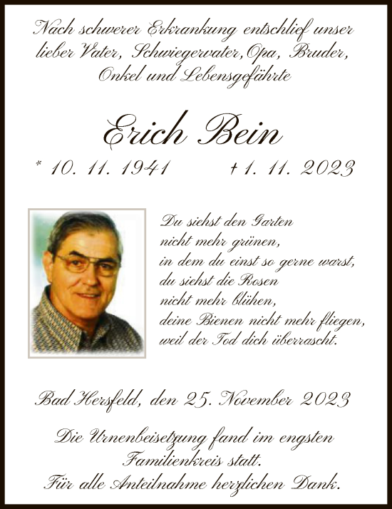 Todesanzeige von Erich Bein von HZ
