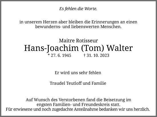Todesanzeige von Hans-Joachim Walter von HZ