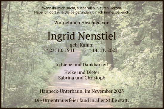 Todesanzeige von Ingrid Nenstiel von HZ