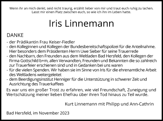 Todesanzeige von Iris Linnemann von HZ